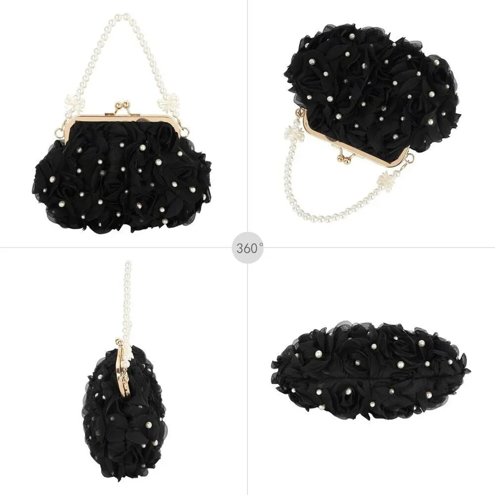 Women Mini Pearl Rose Flower Crossbody Shoulder Bag Top-handle Evening Clutch